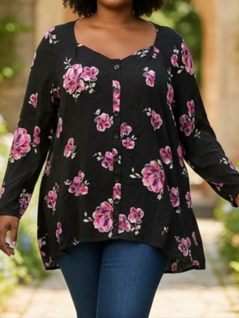 Torrid Fit and Flare Black With Flowers Stretch Challis Button-Up Top